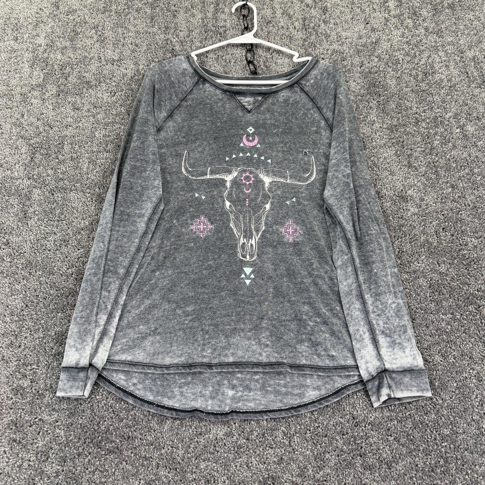 Grayson Threads Shirt Womens Large Gray Long Sleeve Skull Graphic Tee Western